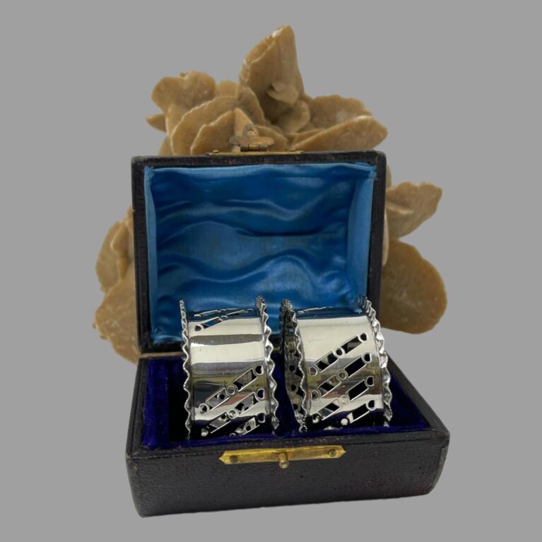 Main photo of cased silver napkin rings displayed inside their fitted case. The empty cartouches are visible on the rings. The inside of case lid is a beautiful shade of blue satin in very good order. A great gift item.