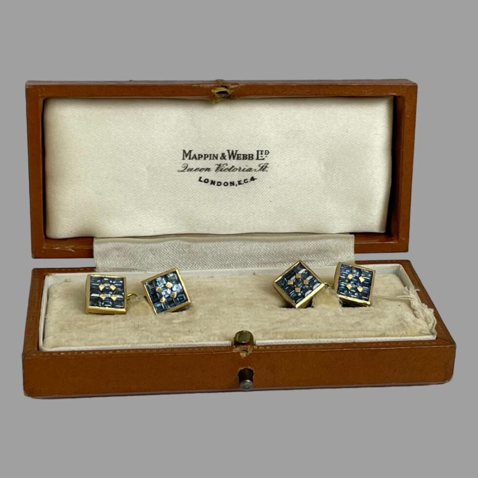 Photo of cufflinks displayed inside the Mappin & Webb box and shown from an eye level.