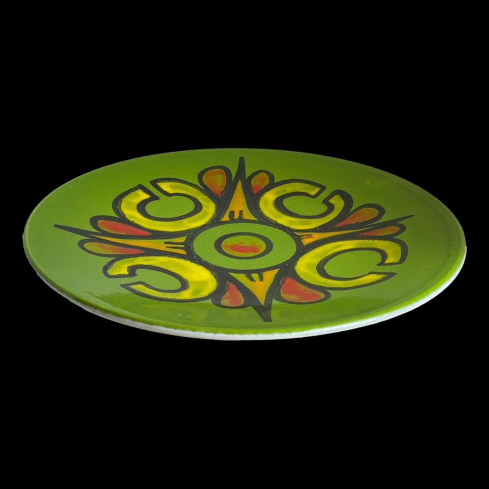 Photo of large Poole Delphis dish seen laid flat and we are looking diagonally downward. From this angle the dish looks flat but it does have some depth!