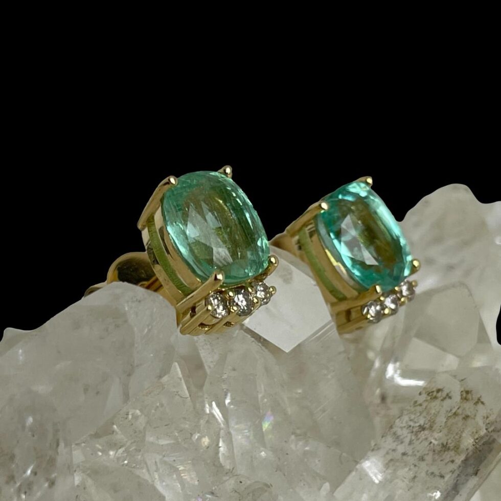 Photo of both earrings still shown on top of a rock of natural quartz crystal this time with the earring fronts facing to the right and slightly up.