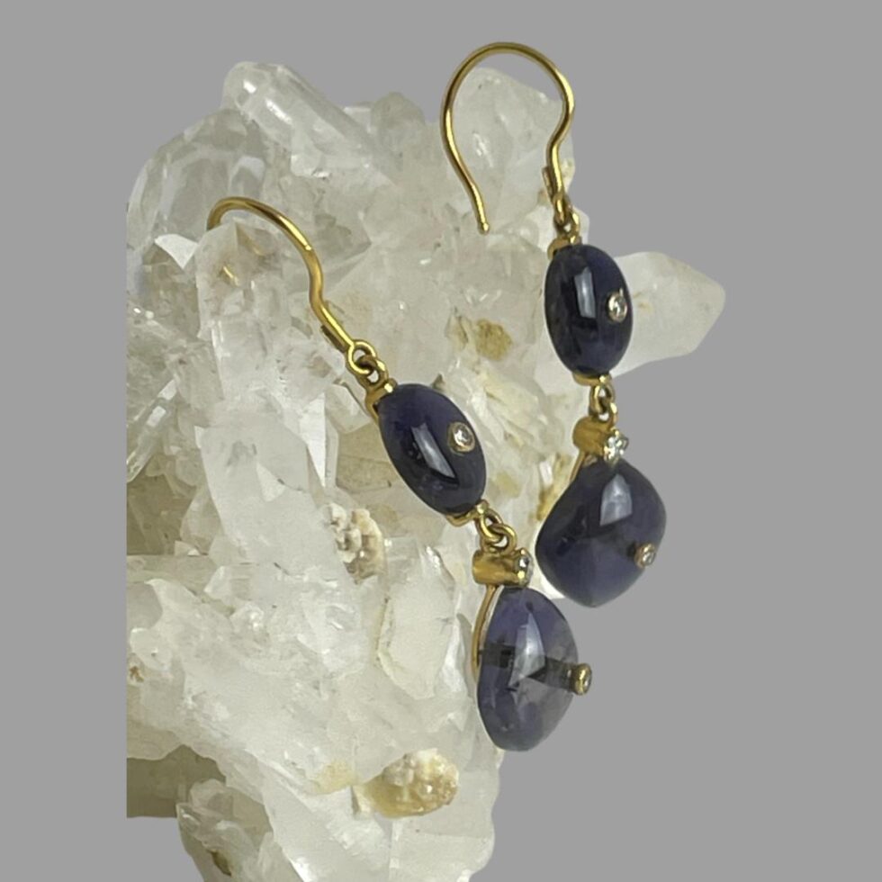 Photo of iolite earrings still hanging off a rock of quartz crystal this time with the earrings front facing right.