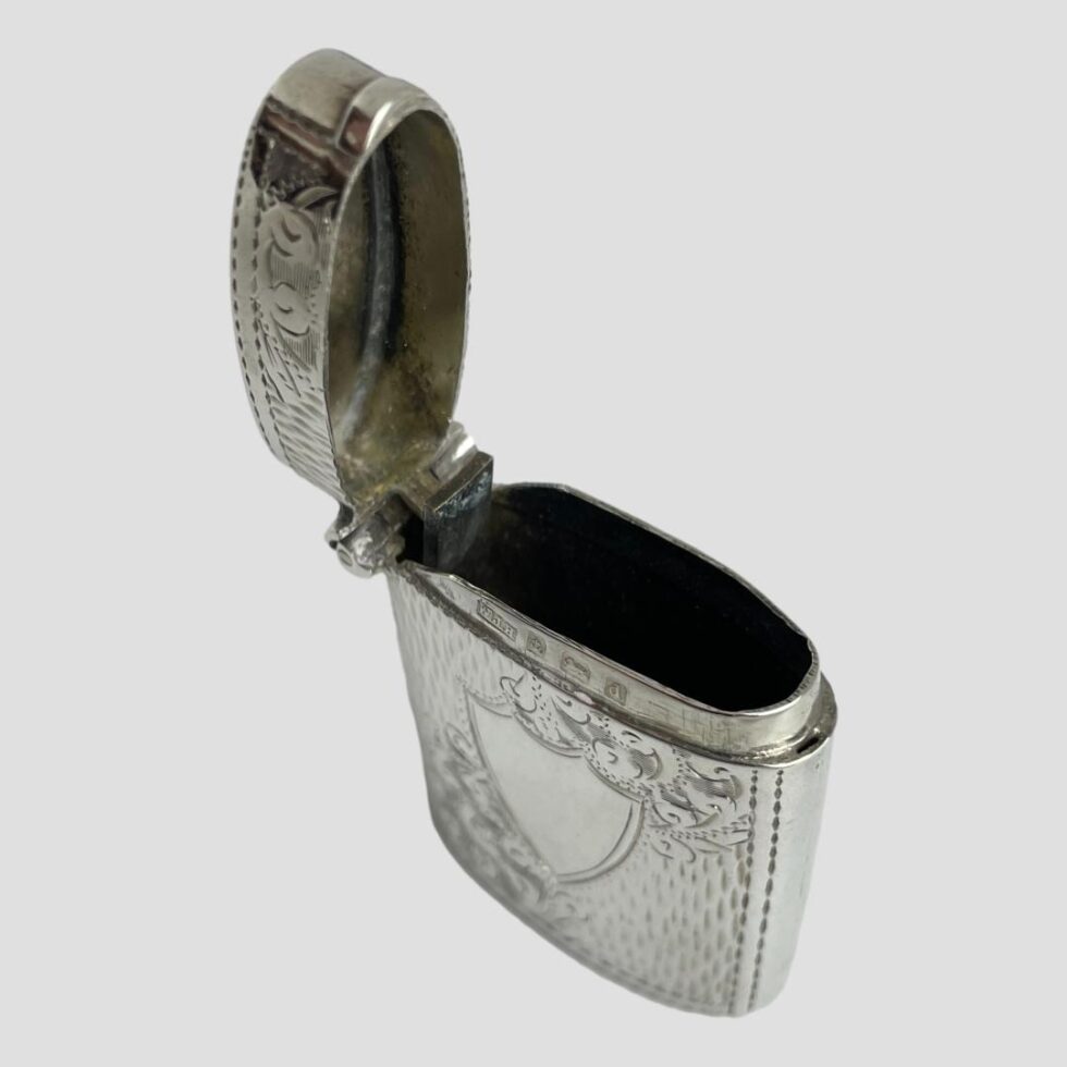 Photo of the silver vesta viewed with the lid open and looking down to the inside.