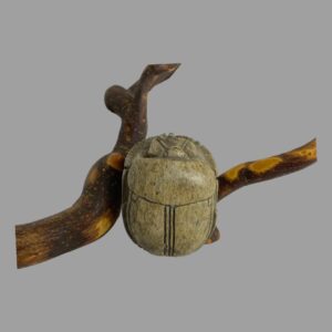 Main photo of Egyptian scarab beetle bead seen leaning against a twig of natural cherry tree with the back or top of the beetle on display. The beetle is naturally the colour of sandstone which in this instance is a dark beige. Although the carvings are minimal on the top, it is very distinctly a scarab beetle at first glance.