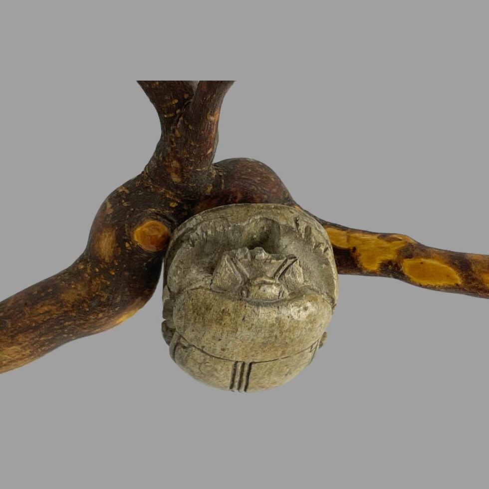 Photo of scarab bead still leaning against a twig of cherry tree this time looking down at it from above.