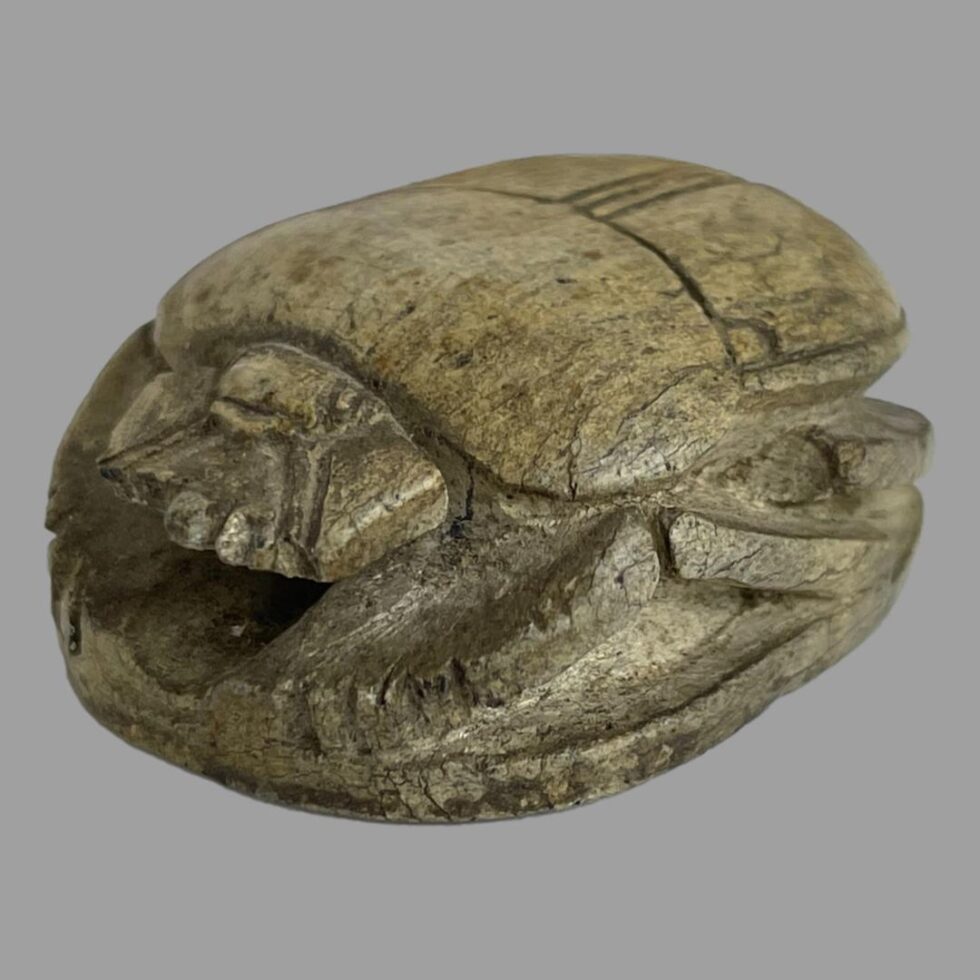 Photo of scarab bead laid on a flat surface with the beetles head facing the bottom left corner. Note the wear to the extremities of the beetles head.