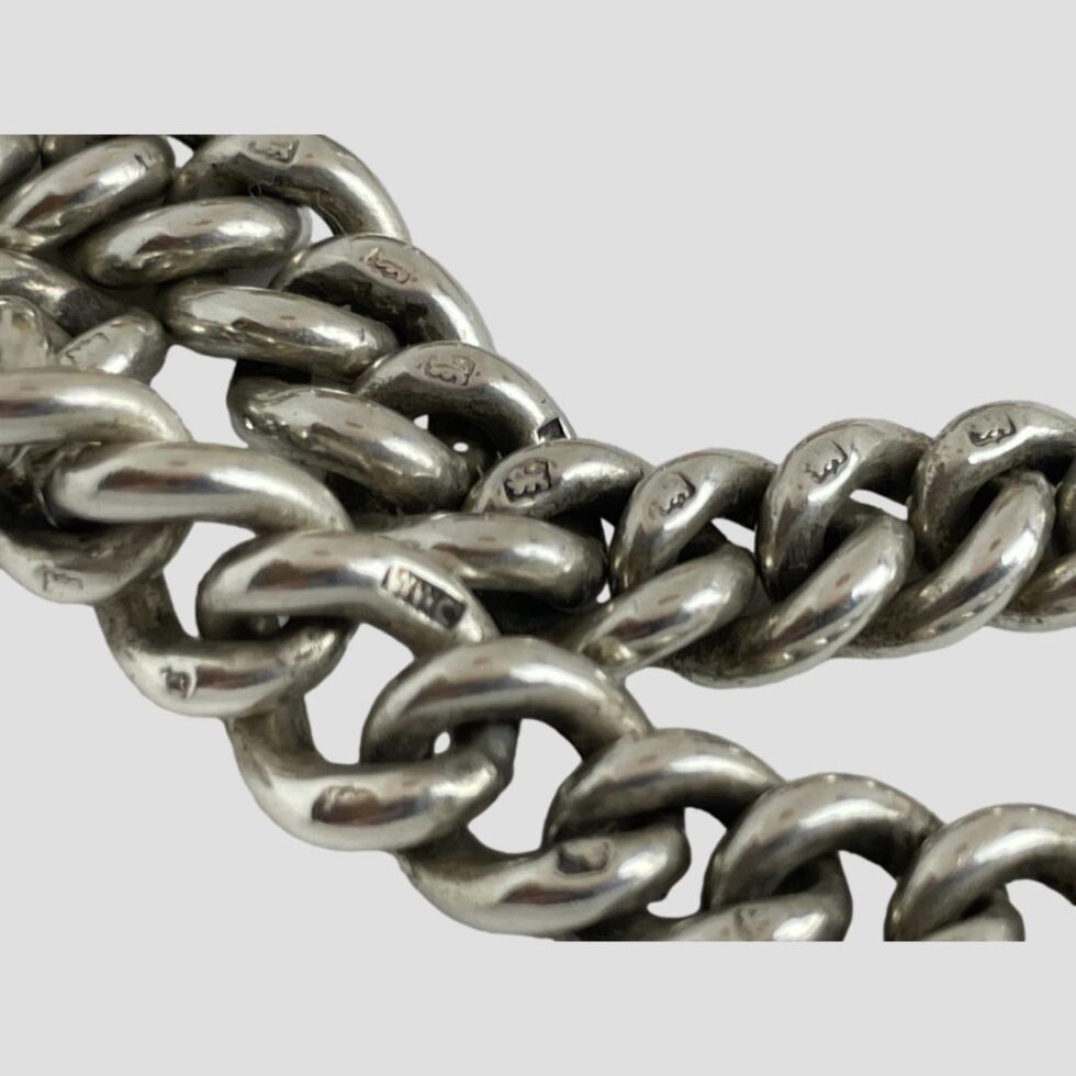 Close up photo of some of the chain links showing the lion passant hallmark on each.