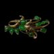 Main photo of 14kt jade spray brooch displayed horizontally long and against a black background. The brooch is a stylised spray of flowers with the gold as stems and jade pieces as flowers. The jade comes in round, oval and teardrop shapes and are a stunning apple green in colour - a sure sign of quality jade. It is beautifully created and can be worn any side up. A lovely gift item.