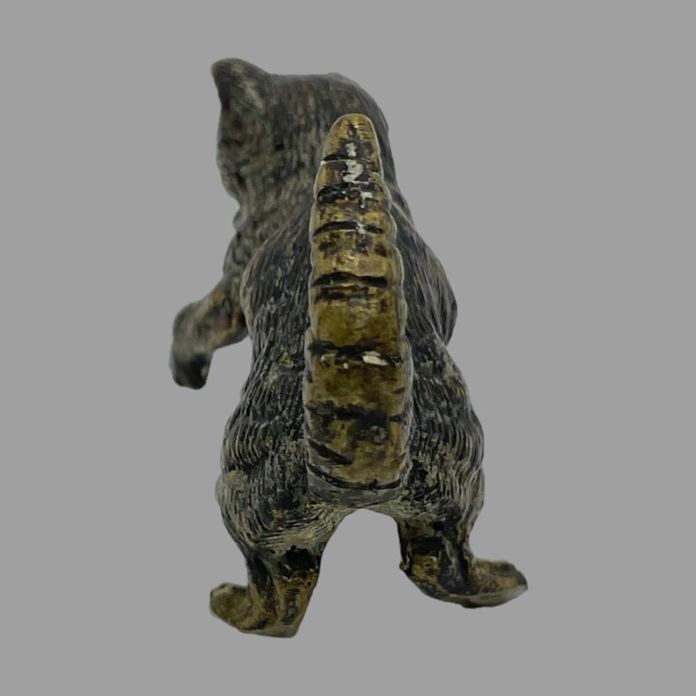 Photo of the small bronze cat displayed upright on its back paws and seen from the back. It has a fabulously thick fluffy tail with tabby stripes.
