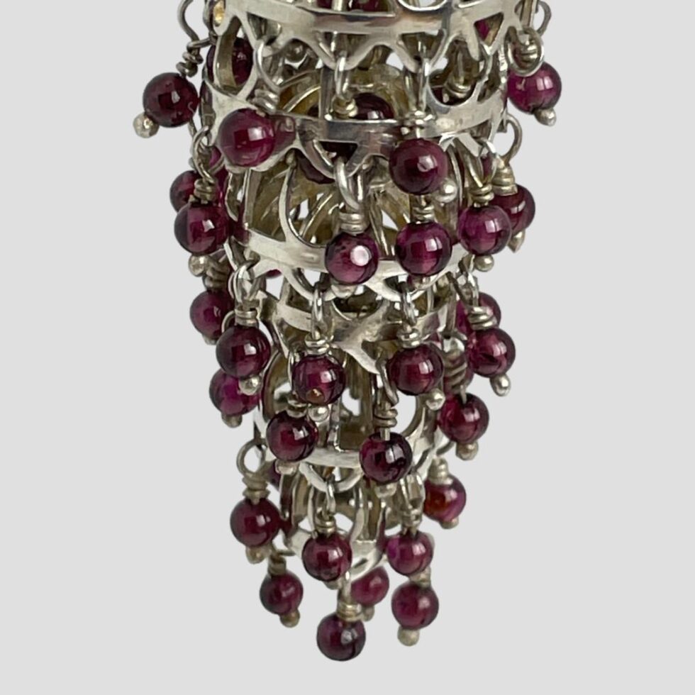 Now a close up of the bottom tiers of one earring showing the birdcage dome design and the beautiful shade of the garnet beads.