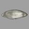 Main photo of George III snuffer tray displayed horizontally upright to show the shape of the tray which is an elongated oval with turned up or raised border. It is almost an eye or almond shape. The crest at the centre is visible which is a ribbon with what looks like a hunters horn of a stand (could be an old hearing aid horn!) Not a lot of use for snuffer trays these days but this could be utilised as an stick incense burner stand as it is long enough. Whatever you decide to use it for, it will be a useful and practical (as well as collectable) item of antique silver.