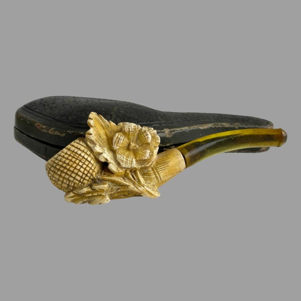 A photo of the Victorian pipe this time displayed outside of its case which is in the background closed. The carving detail is very sweet and apt for a pipe originally for the ladies!
