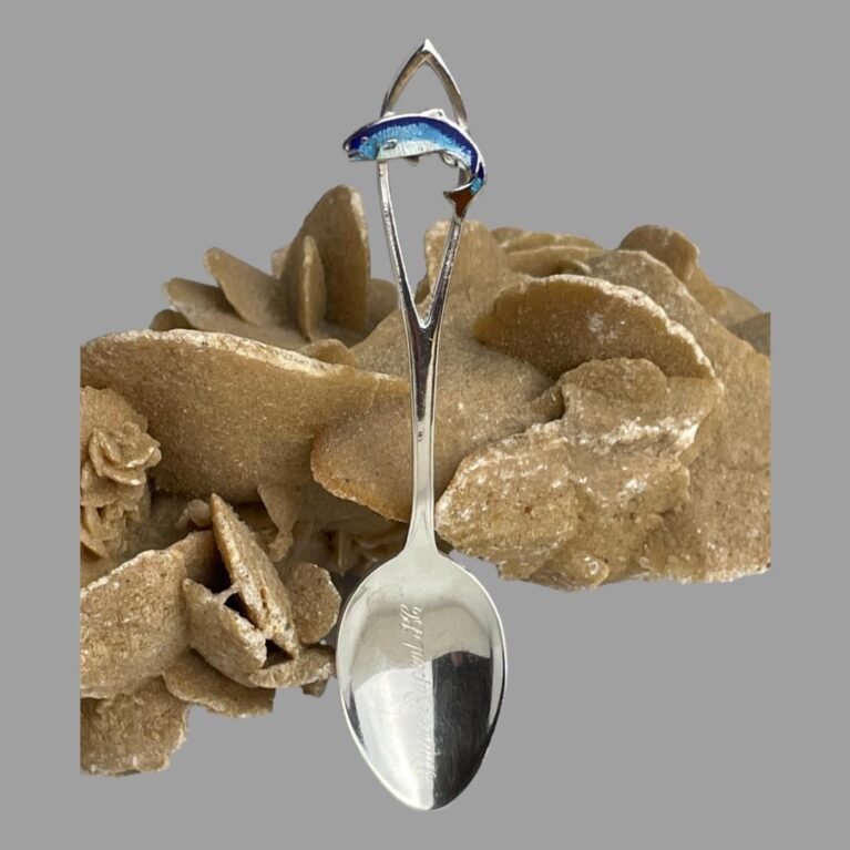 Main photo of silver enamel salmon spoon displayed upright and leaning against a rock of natural desert sand rose. The handle tip of the spoon almost mirrors the spoon bowl. It is a diamond like shape frame with smoothed sides. Frame as it does not have a centre so theoretically a line (or frame) The diamond shape is elongated at the lower end that joins the spoon handle. Across the elongated smoothed sides diamond shaped frame (phew!) is a fabulous little enamelled silver salmon. It has a red tail tip and graduating shades of blue ; dark blue across the top along the spine then a turquoise blue across the middle areas then a very pale blue around the belly area. This would be such a lovely gift for lover of fish, fishing, spoons, Canada!