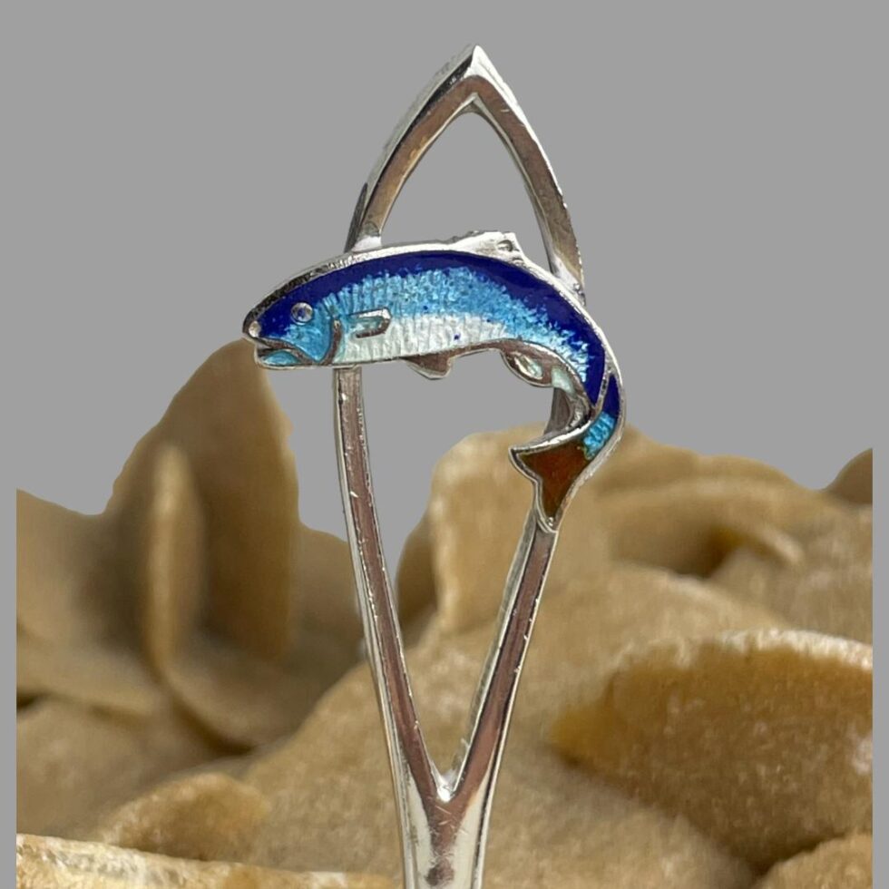 Close up photo of the enamelled silver salmon and the elongated diamond shaped frame holding it.