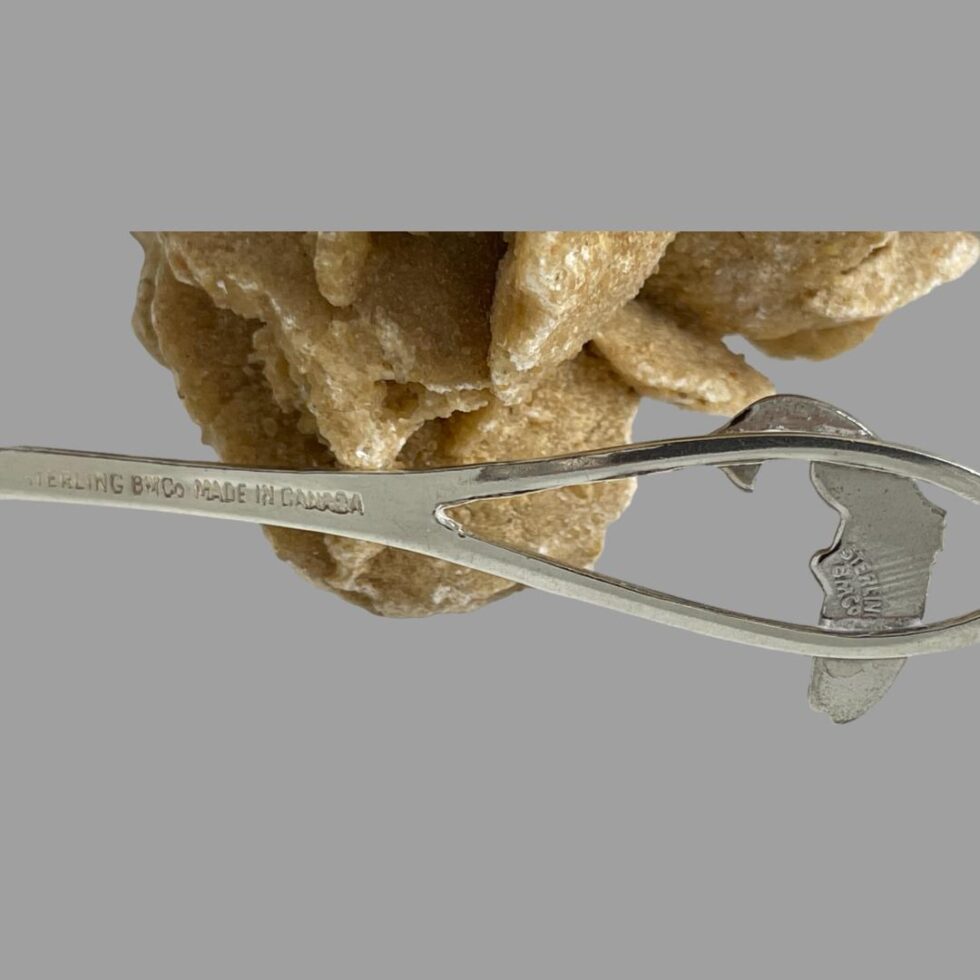 Photo of the salmon spoon laid sideways with back showing. The hallmark is visible to the handle (Sterling BM Co Made In Canada) and the back of enamelled salmon (Sterling BM Co)