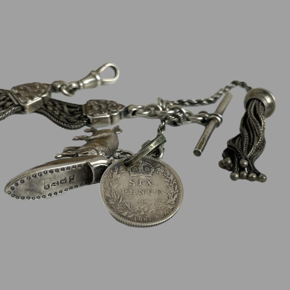 A close up photo of all the end pieces at both extremities. The dog clip, the T-bar, the tassel and the 3 charms.