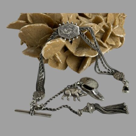 Main photo of Victorian silver Albertina chain displayed with the main body laid across a rock of desert sand rose and the 2 ends plus additions laid out in the foreground. To the right foreground is the dog clip fastener and to the left, the T-bar from which hangs the tassel on a short chain extension and on another short chain extension 3 charms of a wild pig, an old sixpence from 1887 and a fancy brogue shoe. The 3 charms are attached to the short chain via a large circular clasp so they can be removed and different ones put on instead.