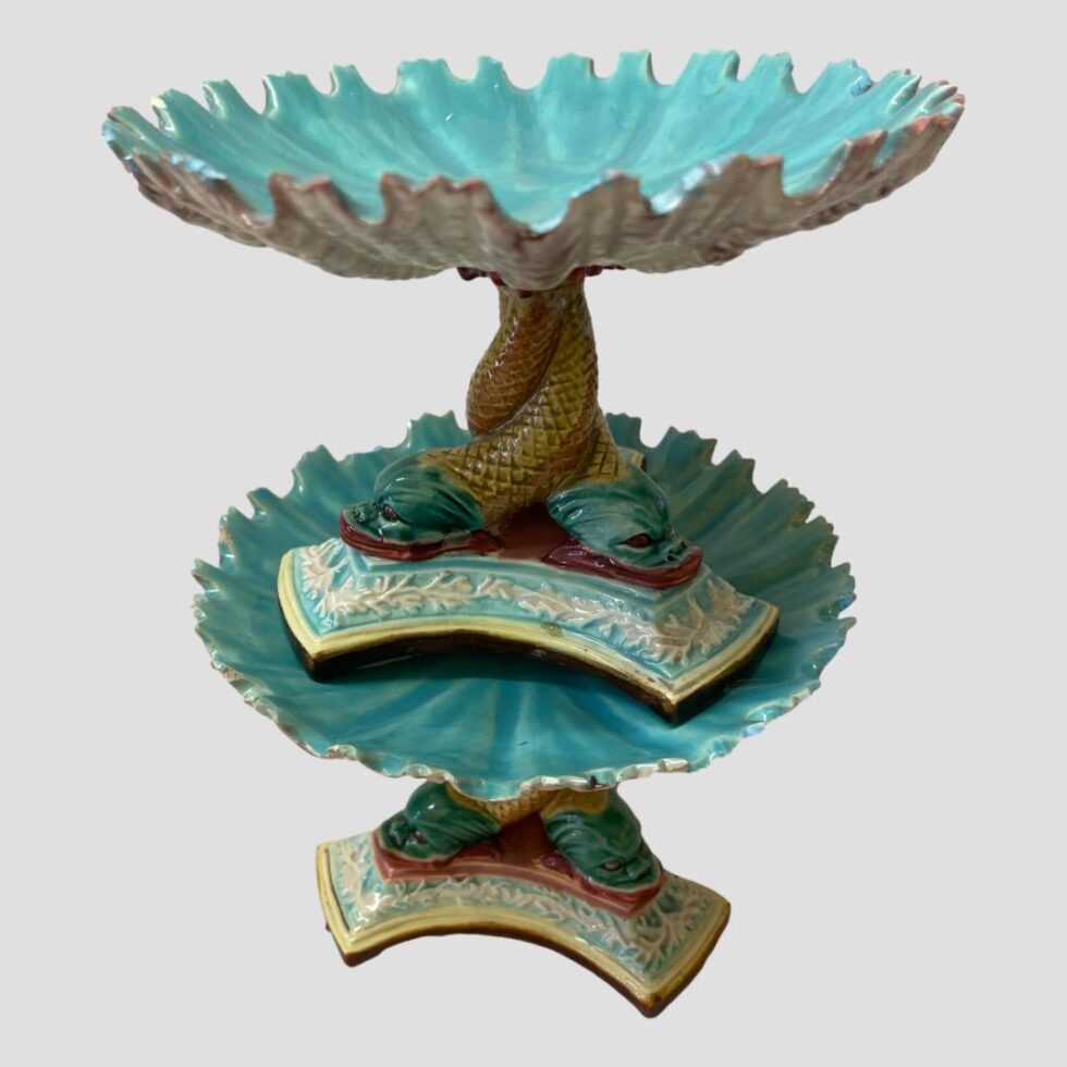 Photo of the Art Nouveau sweetmeat dishes displayed with one on top of the other.