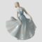 Main photo of Royal Doulton pirouette figure displayed from an eye level and forward facing. The figure has pale porcelain skin, white blonde hair and has rouge and red lipstick on. Her long halter-neck gown is in baby blue shade with pink ribbon accents to the waist and one shoulder. Her dreamy facial features reflect in her pose, holding the skirt of her full dress with the left hand and right arm hanging in front. She is in mid twirl with the full skirt billowing out to the left of photo giving an impression of movement.