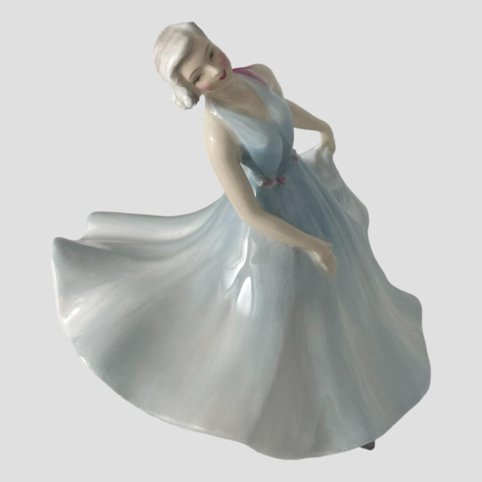 Photo of pirouette figure this time turned slightly to the right and we are looking diagonally down slightly from above. The full skirt is in full billow to the left and behind.