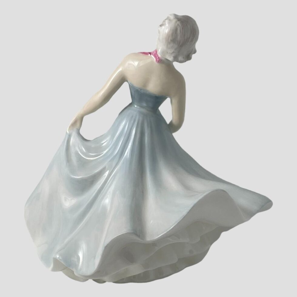 Photo of the back of Royal Doulton figure. The gown is in full swing.