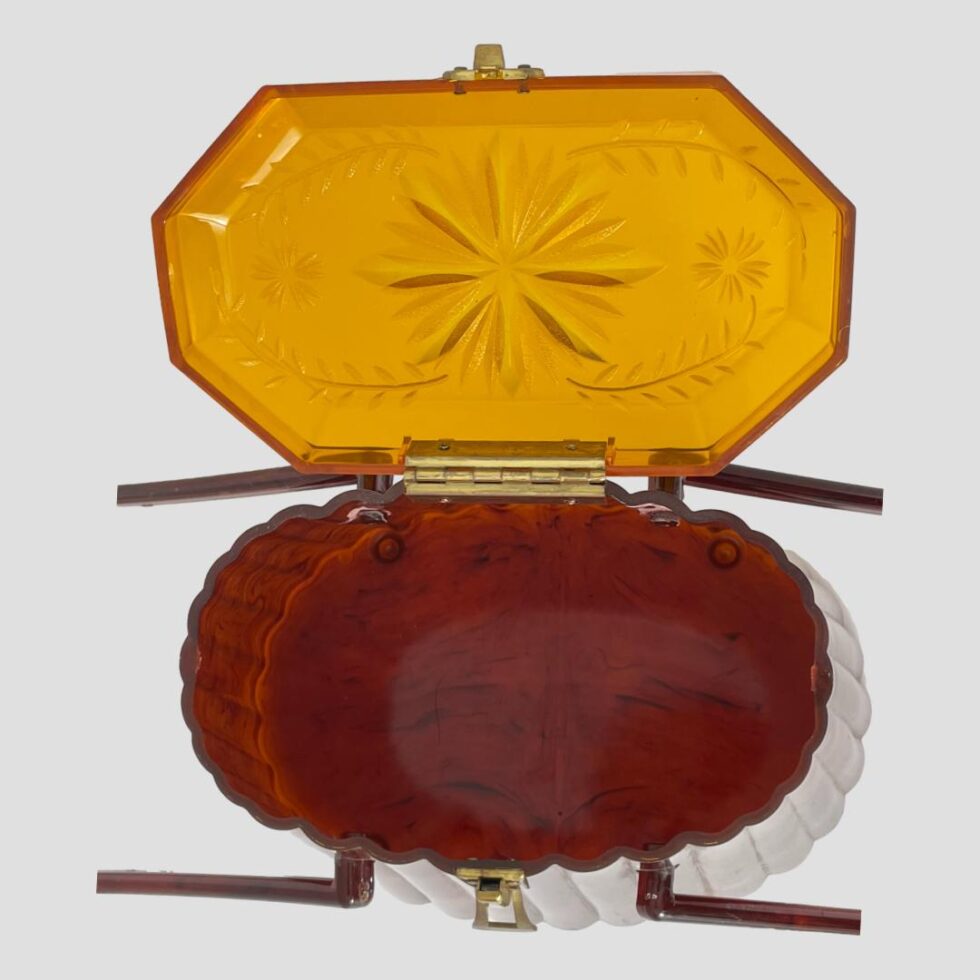 Close up look at the inside of acetate bag and lid. Some of the handles are visible to left and right. The inside is very clean and the 3 different shades of colour is clearly visible here.