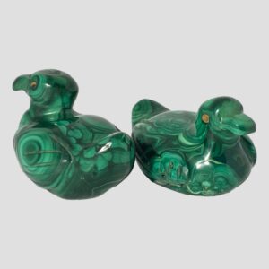 Main photo of pair of malachite ducks shown side by side with one on left facing away from camera towards the top left corner and one on the right facing towards bottom right corner. They are side by side and top to tail and displayed diagonally.