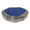 Main photo of William Lestourgeon silver box looking diagonally down from above to show the aventurine glass top. The main colour of the glass is a rich blue with small patches of copper coloured glittery specks. The silver around the aventurine glass has fine floral engravings all around whilst the rest of the box is in plain silver. Aventurine glass can feel like plastic as it is a man-made material very not to be mistaken for the crystal aventurine.
