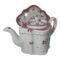 Main photo of New Hall teapot &stand shown with the stand displayed upright behind the teapot. The teapot spout is facing a little towards the bottom left corner. New Hall were pioneers in hard paste porcelain clearly a design quality that withstood the test of time. The base colour is white with minimal floral design mostly in pink to the main body. Around the outer rim at the top, there is a band of pink netting like pattern which continues around the outside of the teapot lid. The stand, which would be mostly obscured by the teapot, almost mirrors the teapot design pattern.