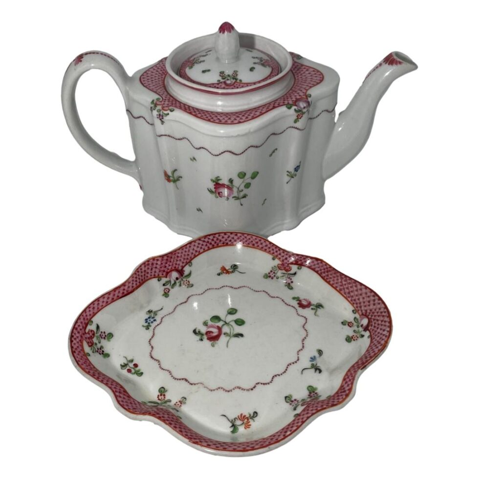 Photo of antique New Hall teapot & stand this time with the stand in the foreground and the teapot removed and to the back to show the stand in its entirety.