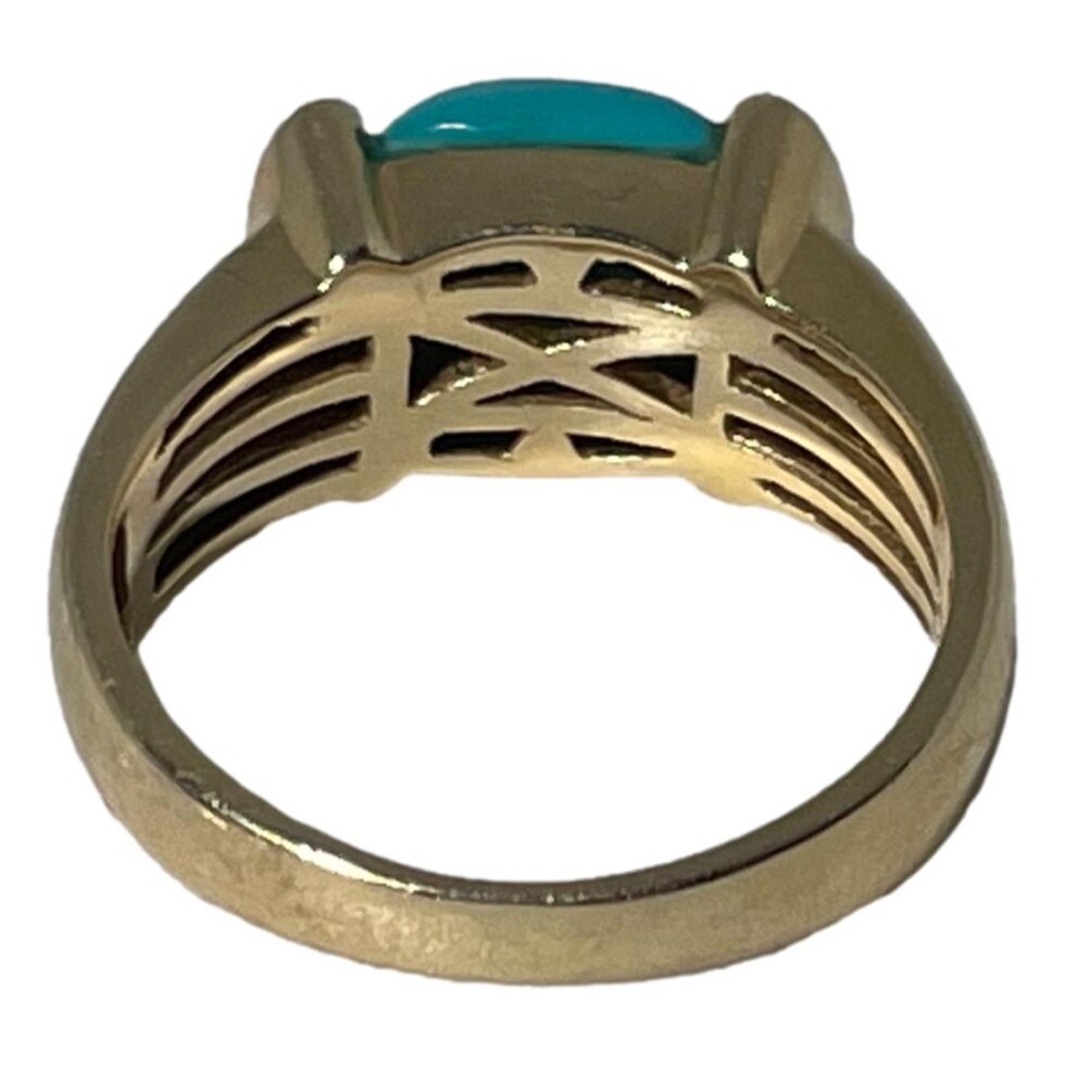Photo of gold turquoise ring shown with the ring front facing away from camera to show the setting for the stones at the back. This is a very well made ring with solid secure stone setting.