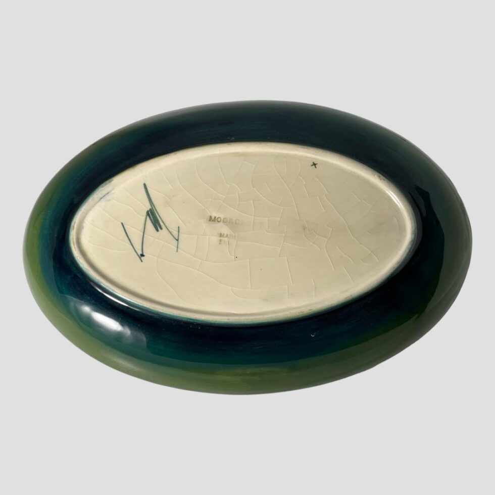 Photo of the base of the dish showing the Moorcroft stamp and WM signature.