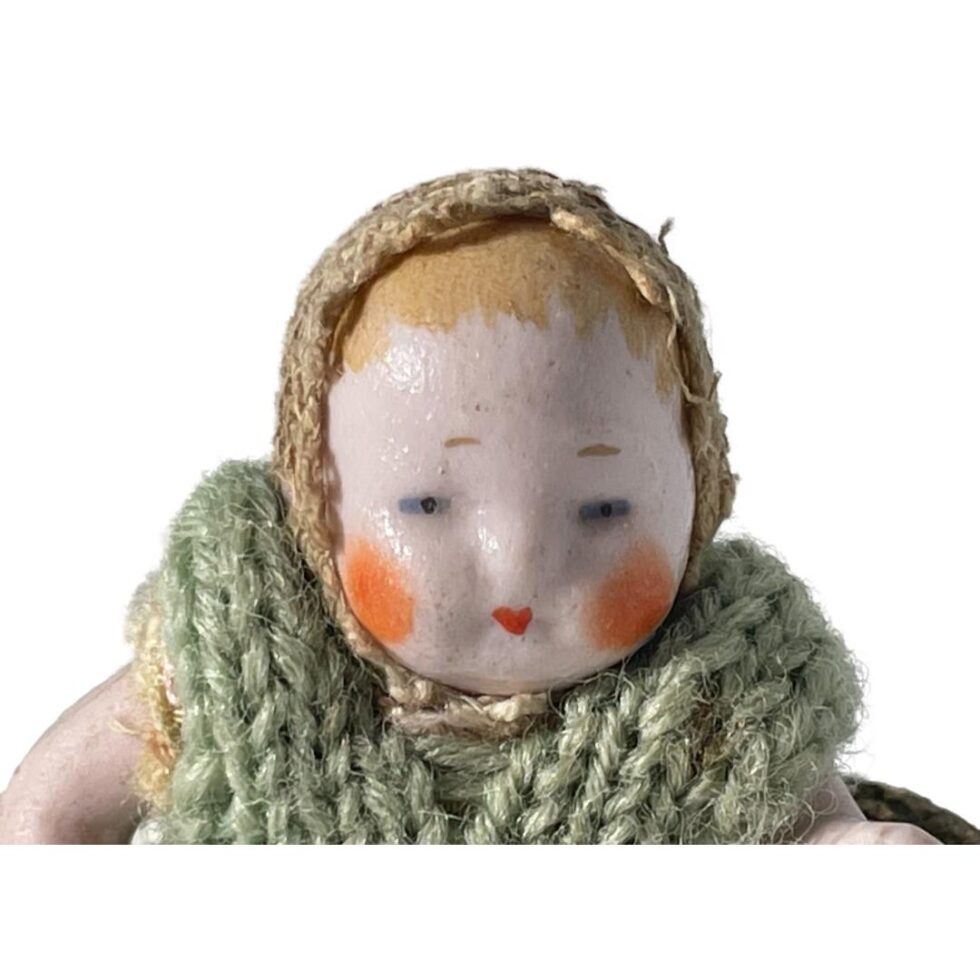 Close up of the bisque German dolls face.