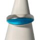 Main photo of Just Andersen enamel ring displayed on a white cone shaped stand with the ring front forward facing. The navette shaped turquoise blue enamel is very eye catching with the flaw in one end barely visible. The ring has quite a wide gallery in solid silver with the enamel sitting just at the front. A vert sleek, stylish and stunning ring!