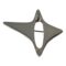Main photo of Georg Jensen Star brooch displayed with the longest side of this 4 pointed abstract star displayed horizontally across the page and the shorted points vertical. This abstract star has one point which is longer than the other 3 and is on the left side here. To the right is a short wide point. The 2 vertical points sit above and below an oblong gap in the brooch where you can see the pin behind. The abstract shape seems to give a sense of movement like a falling star.