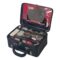 Main photo of vintage French vanity case displayed with the lid to the contents section open revealing all the pieces required for vanity on the go! This case is fully loaded with 2 scent bottles (including some contents), comb, brush, nail files, shoe horn all in their individual slots and toothbrush, razor, soap and cotton wool inside cases also, with their own slots. The mirror sits inside the lid and can be removed. The exterior of the case is black and the interior red. The tray of contents lifts out to reveal a shallow compartment probably for a small towel or flannel perhaps.