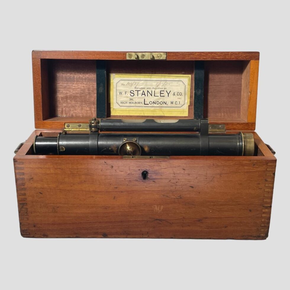 Photo of the Stanley level inside its fitted case and seen from an eye level with the lid open. The level sits very neatly inside.