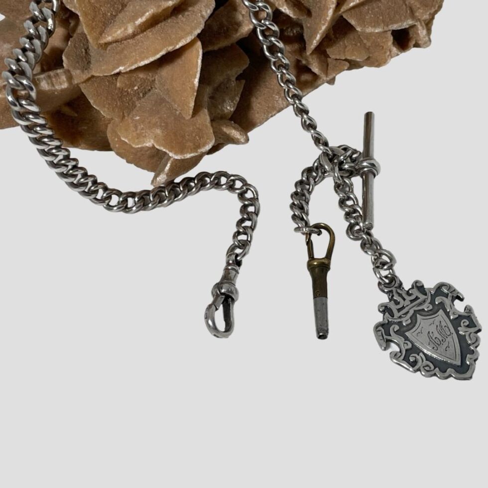 A close up photo of the 2 ends of the Albert chain showing the attachments.