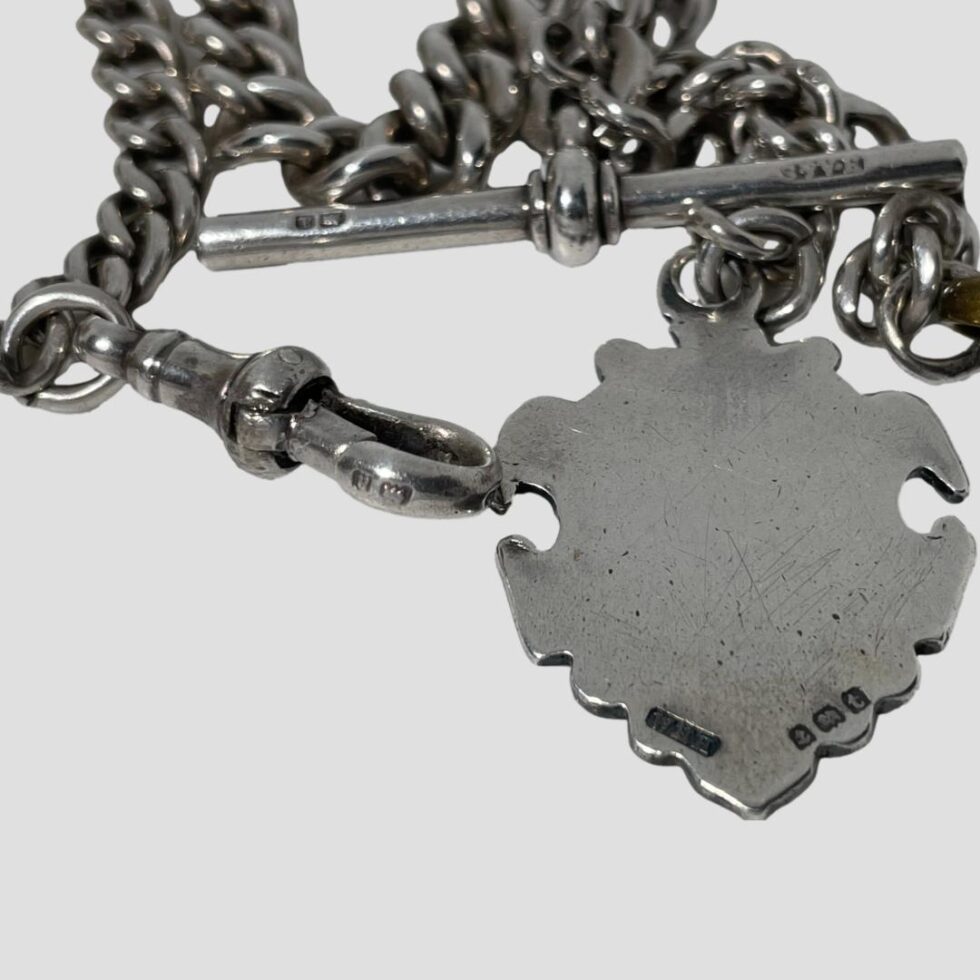 Close up photo of the hallmarks on the dog clip, fob and t-bar with a few lion passant marks just visible on the chain links.