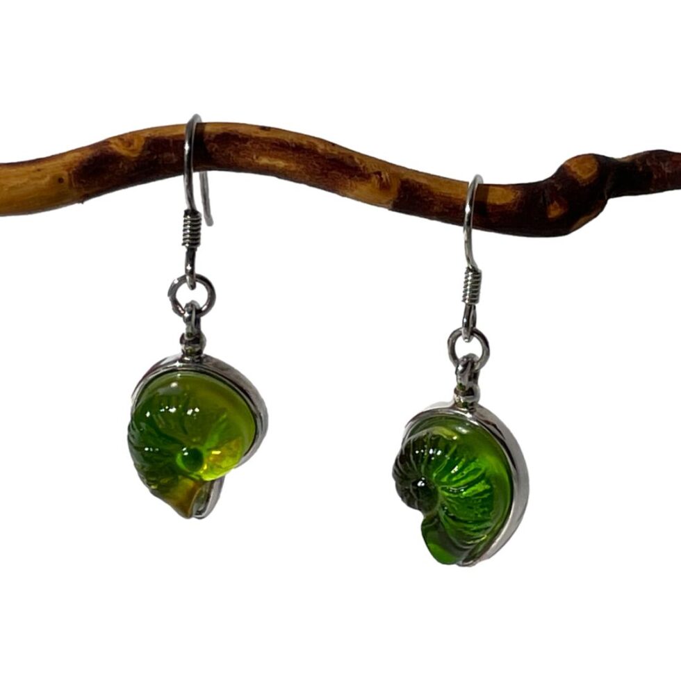 Photo of the shell earrings this time shown hanging from a twig of cherry tree.