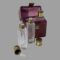 Main photo of cased travelling perfume set seen with case open. Inside the case is one bottle with brass lid in place. Just outside the case at the centre is the second bottle with brass lid removed and placed just slightly to its right and lastly, on the left is the third bottle with brass lid and glass stopper removed and placed in front of the bottle. The case looks quite purple under the studio light.