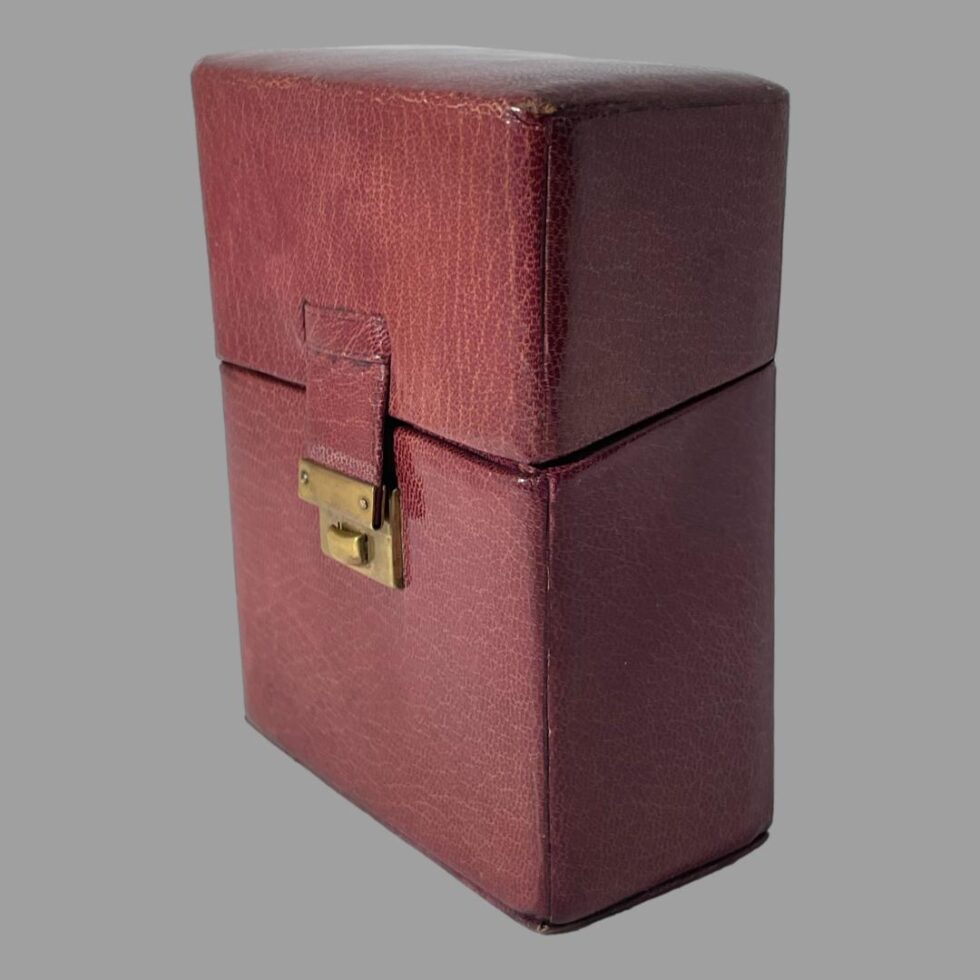 Photo of the case shown closed with the front opening side facing bottom left corner.